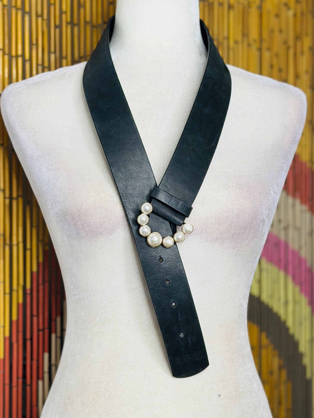 PINKO Leather Pearl Buckle Statement Belt